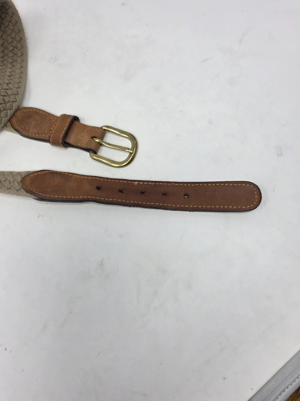 Men’s Zep-Pro braided woven belt with tan/khaki textile body, leather trim, and